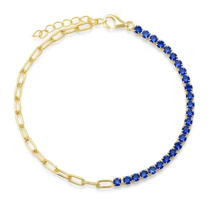 HALF & HALF PAPERCLIP BLUE TENNIS BRACELET, GOLD