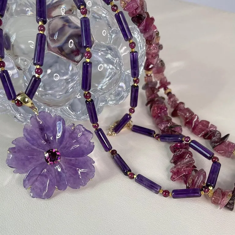 Hand Carved Amethyst Flower and Mulberry Garnet Pendant