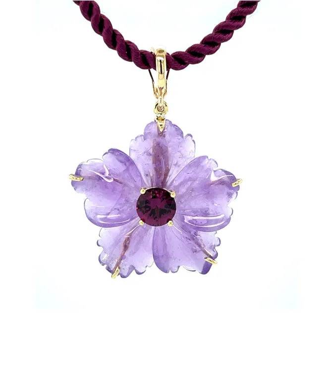 Hand Carved Amethyst Flower and Mulberry Garnet Pendant