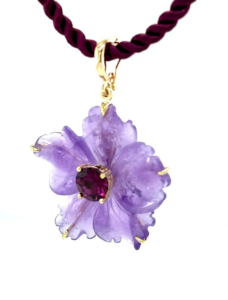Hand Carved Amethyst Flower and Mulberry Garnet Pendant