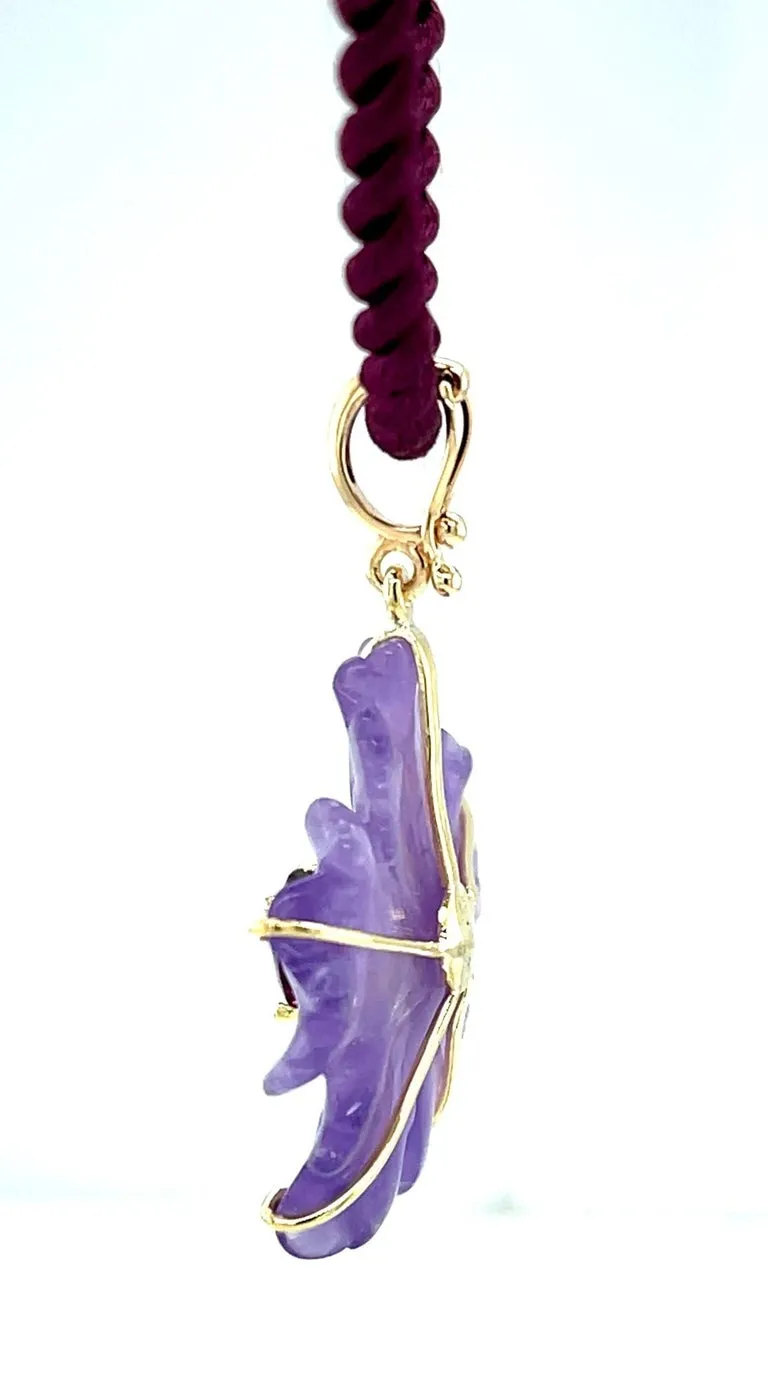 Hand Carved Amethyst Flower and Mulberry Garnet Pendant