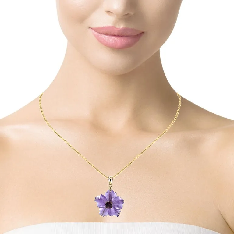 Hand Carved Amethyst Flower and Mulberry Garnet Pendant