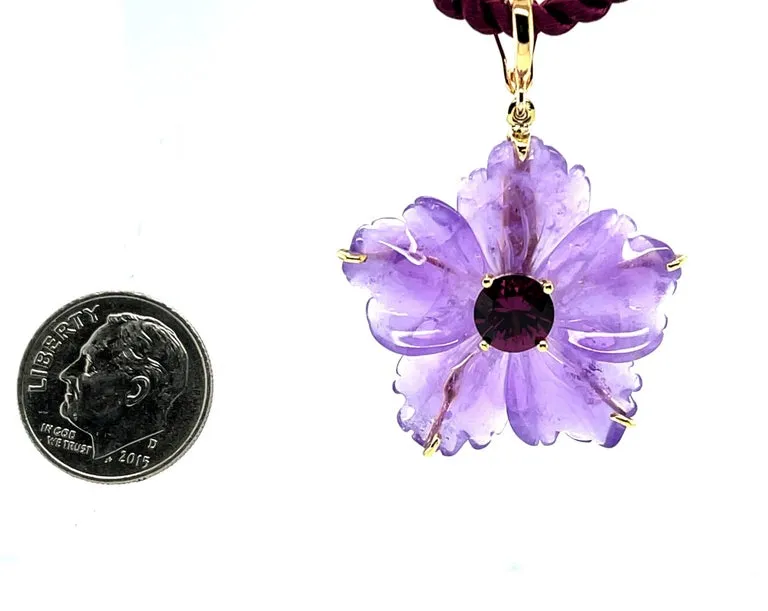 Hand Carved Amethyst Flower and Mulberry Garnet Pendant