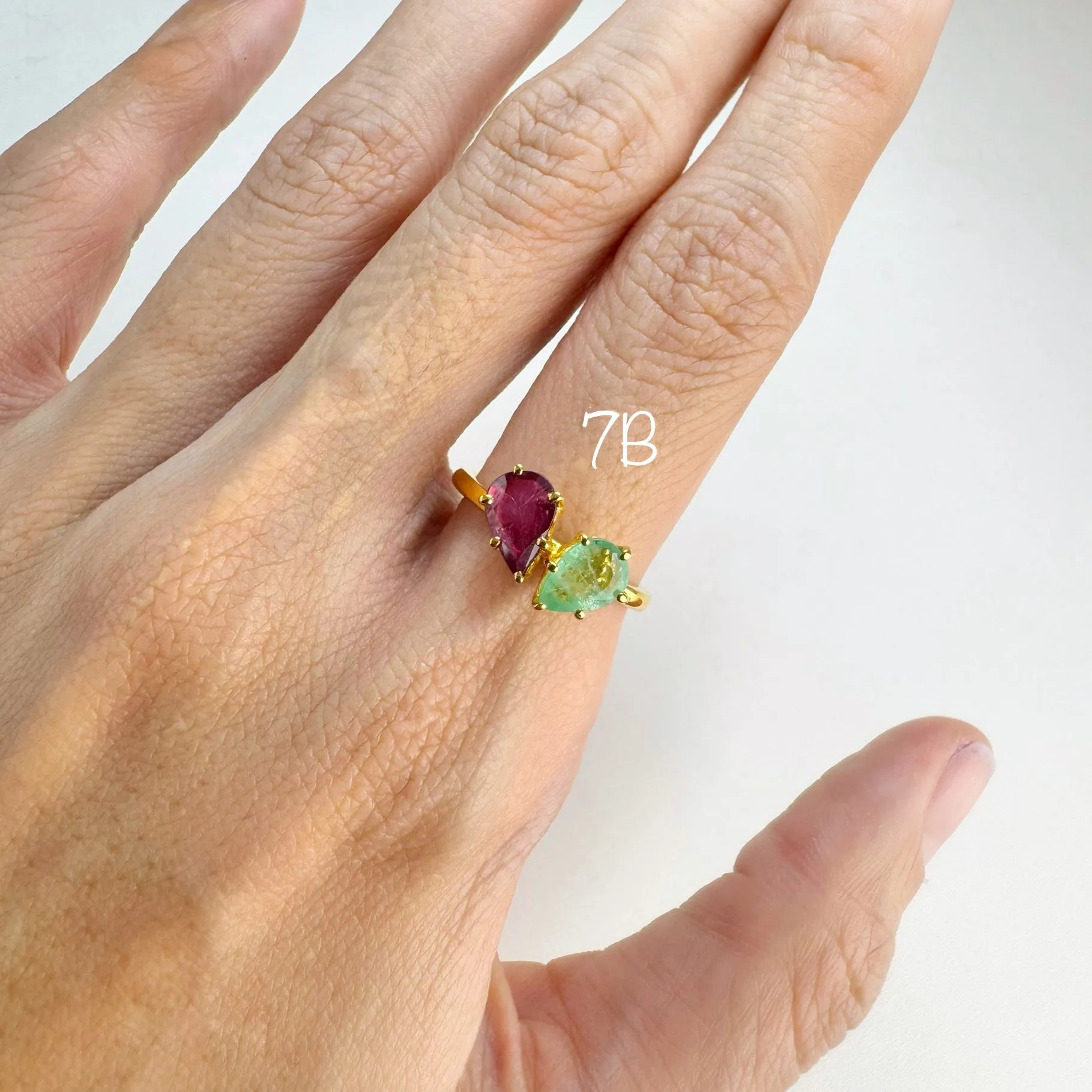 Handmade 5 x 8 mm. Pear Cut Red Purple Thai Ruby and Emerald Cluster Ring (Blemished)