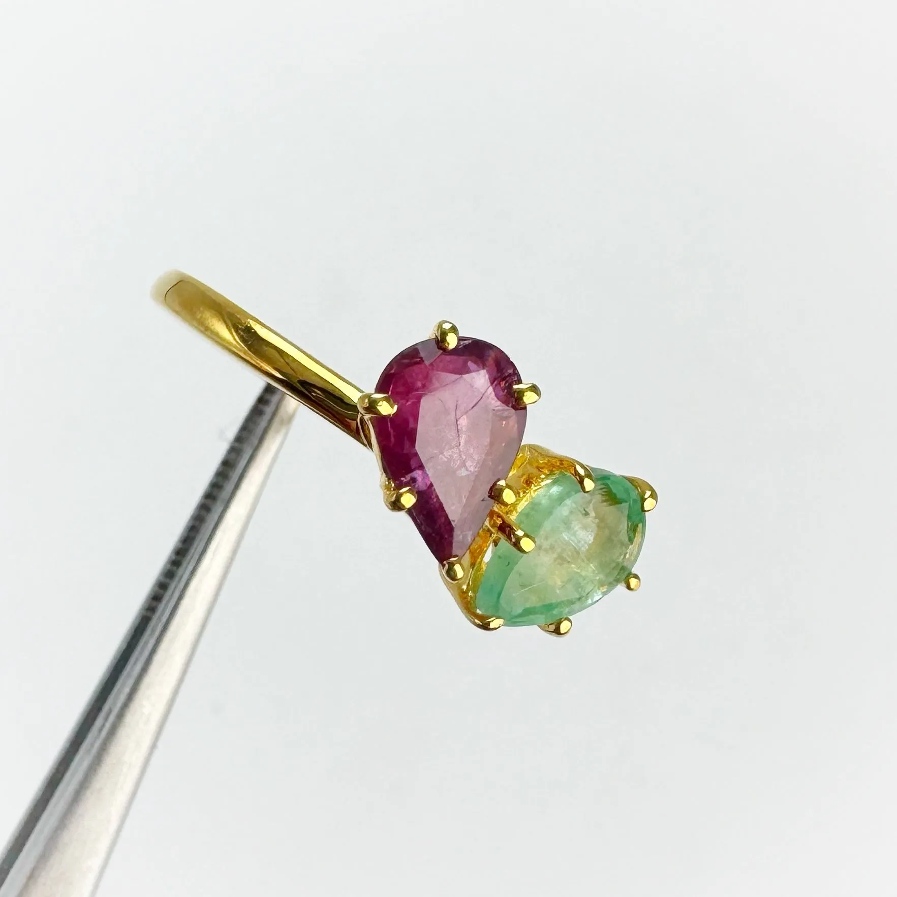 Handmade 5 x 8 mm. Pear Cut Red Purple Thai Ruby and Emerald Cluster Ring (Blemished)