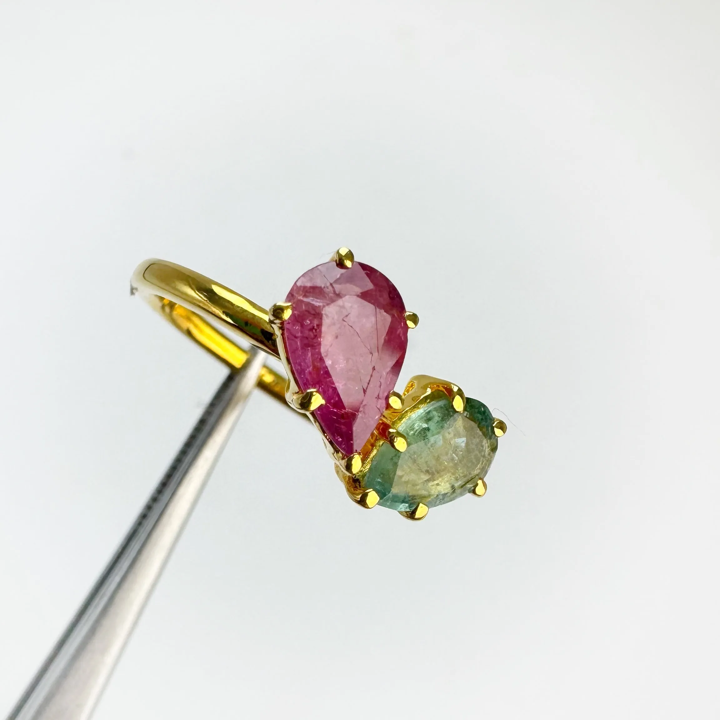 Handmade 5 x 8 mm. Pear Cut Red Purple Thai Ruby and Emerald Cluster Ring (Blemished)