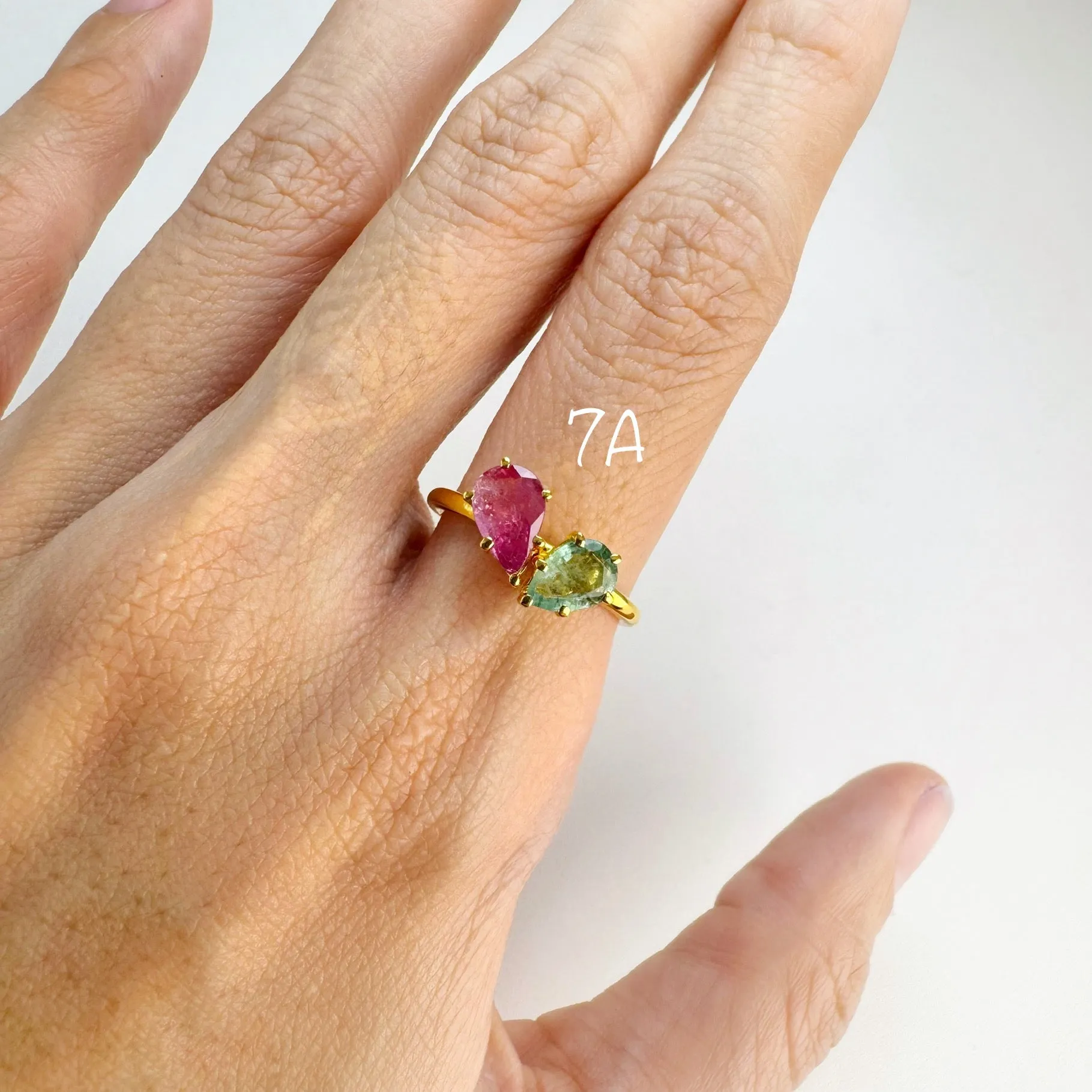 Handmade 5 x 8 mm. Pear Cut Red Purple Thai Ruby and Emerald Cluster Ring (Blemished)