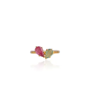 Handmade 5 x 8 mm. Pear Cut Red Purple Thai Ruby and Emerald Cluster Ring (Blemished)