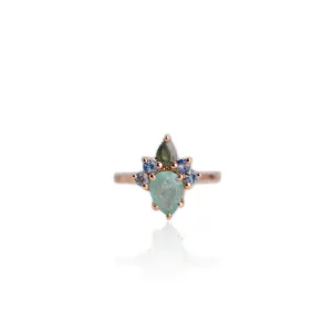 Handmade 6 x 8 mm. Pear Cut Green Zambian Emerald and Sapphire Cluster Ring