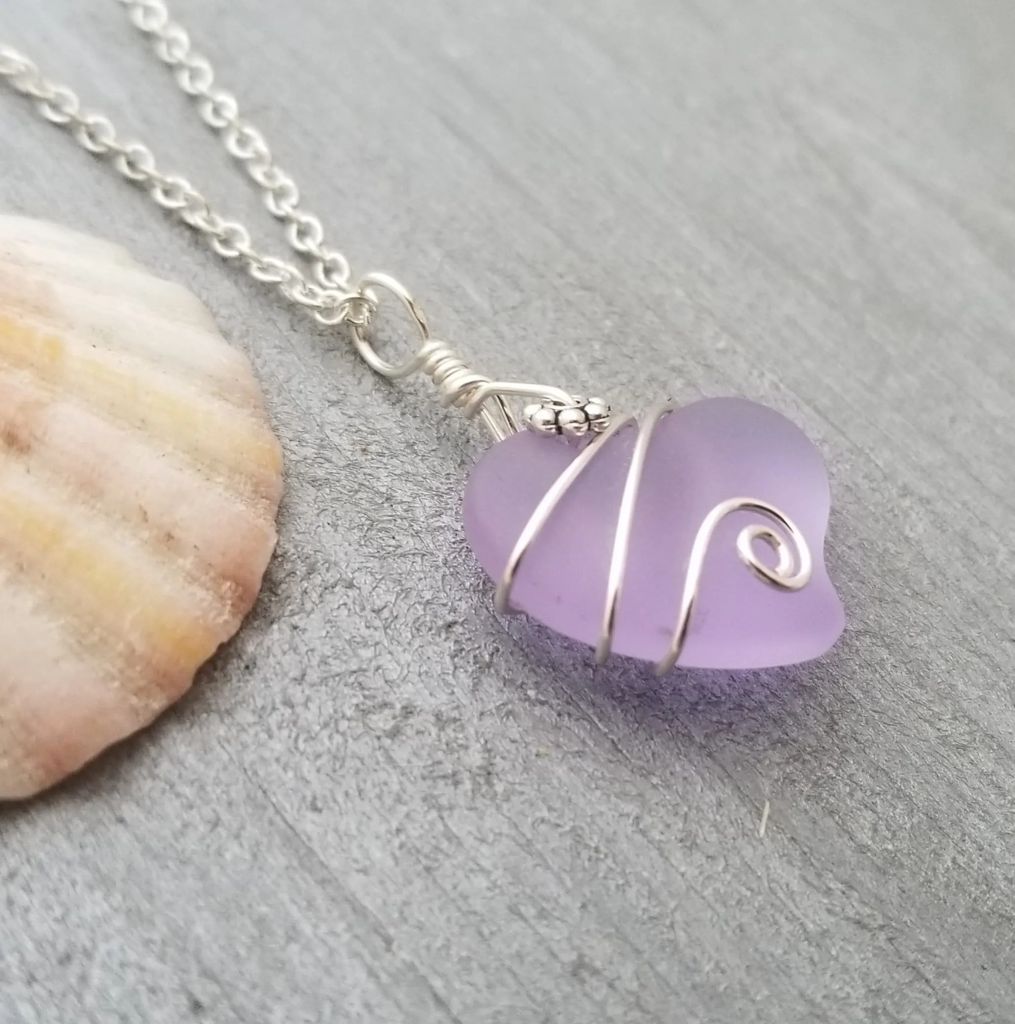 Handmade in Hawaii, "Magical Color Changing" Wire Wrapped purple Heart sea glass necklace, Mother's Day Gift, Hawaii Gift Wrapped.