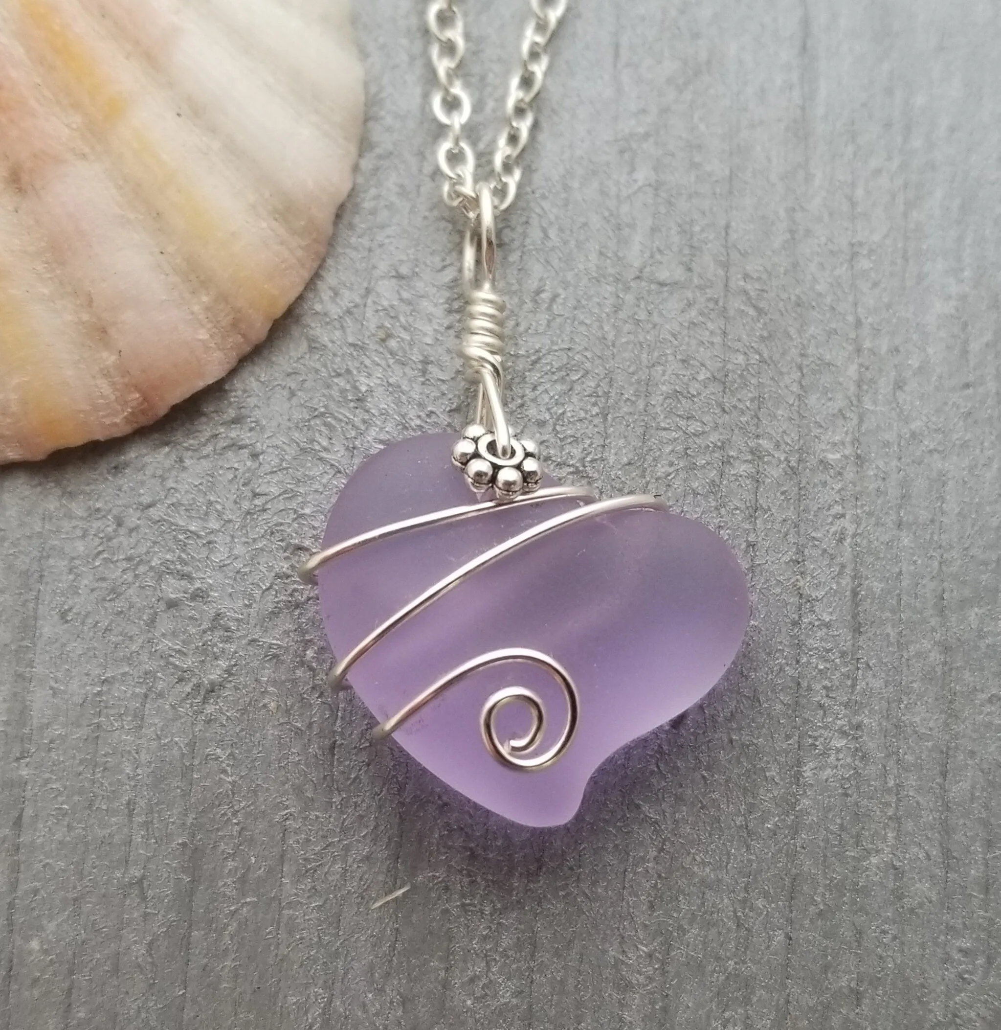 Handmade in Hawaii, "Magical Color Changing" Wire Wrapped purple Heart sea glass necklace, Mother's Day Gift, Hawaii Gift Wrapped.