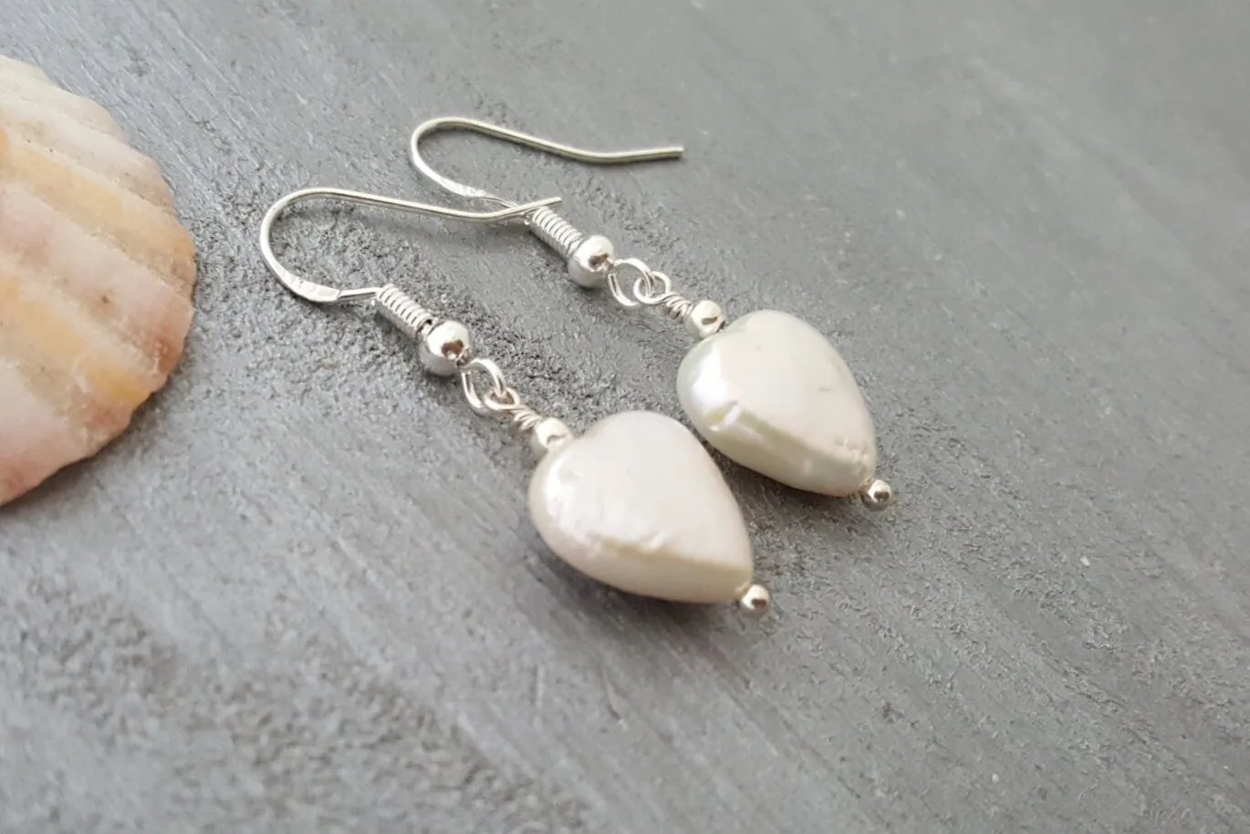 Hawaiian Jewelry Pearl Unique Earrings, Natural Pearl Heart Earrings, Beach Jewelry Birthday Gift For Women (June Birthstone Jewelry Gift)