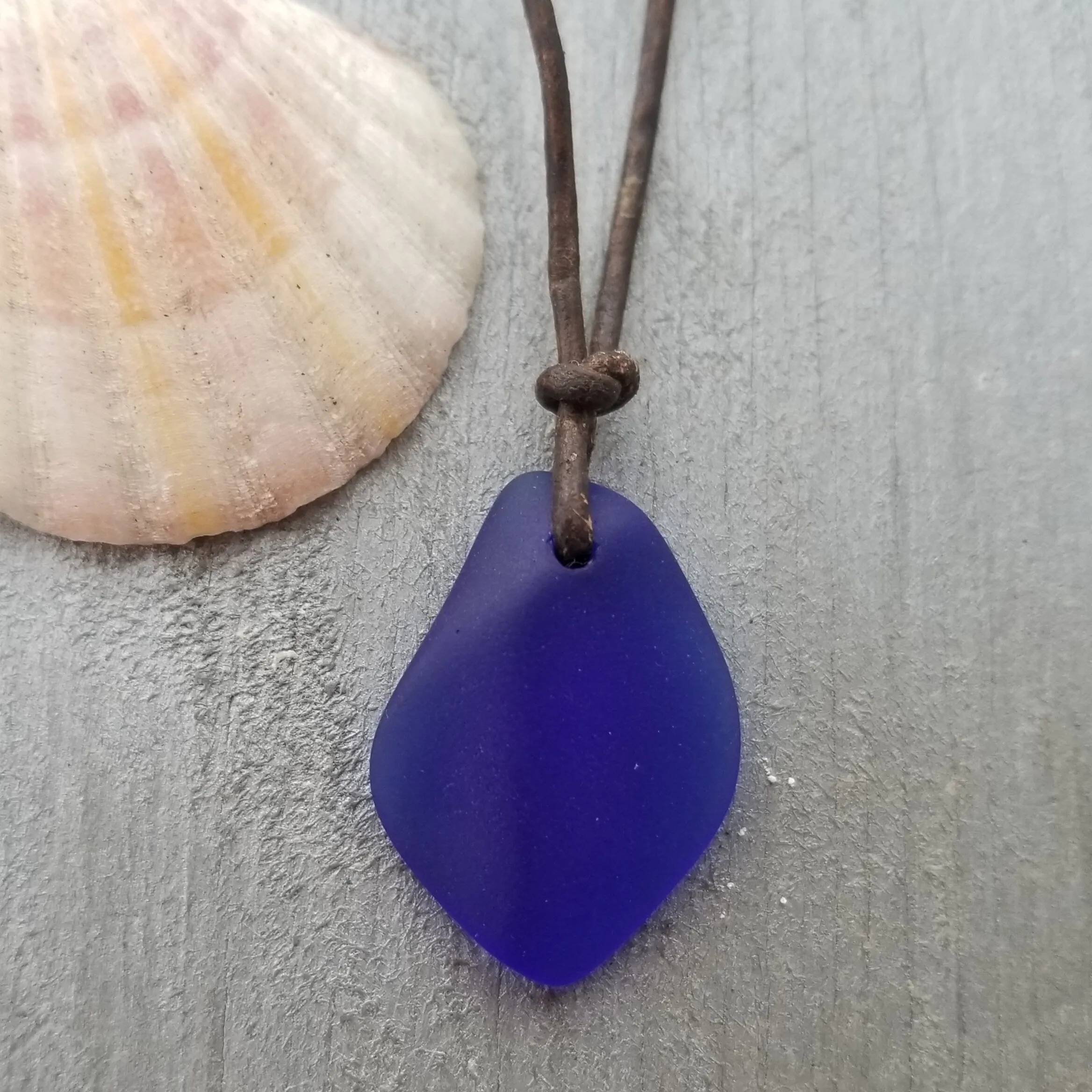 Hawaiian Jewelry Sea Glass Necklace, Puff Cobalt Blue Necklace Leather Cord Necklace, Unisex Jewelry Birthday Gift (September Birthstone)