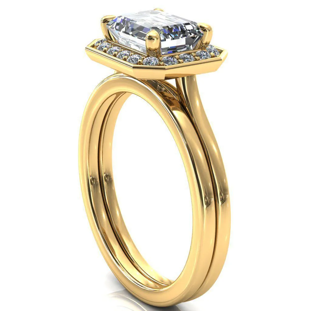 Holly Emerald Moissanite East-West 4 Prong Pinpoint Floating Halo Scalloped Cathedral Ring