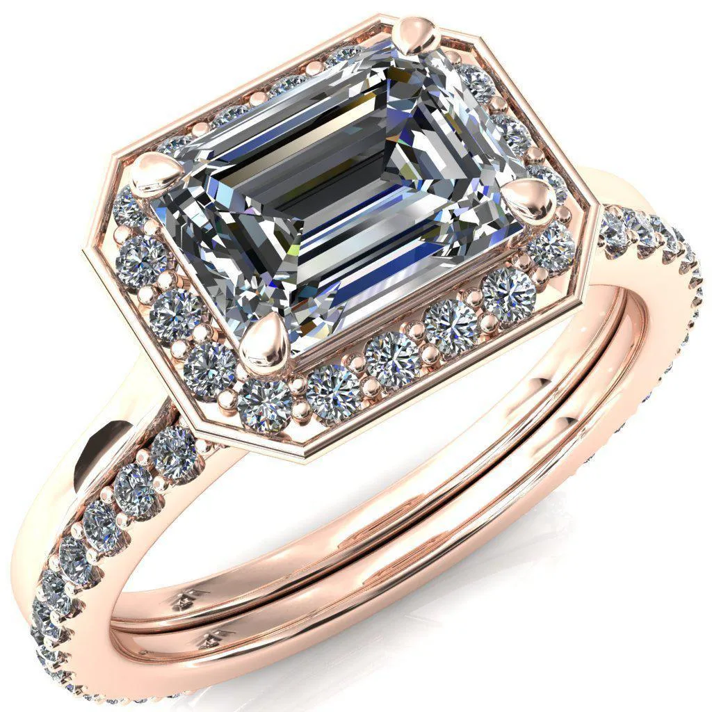 Holly Emerald Moissanite East-West 4 Prong Pinpoint Floating Halo Scalloped Cathedral Ring