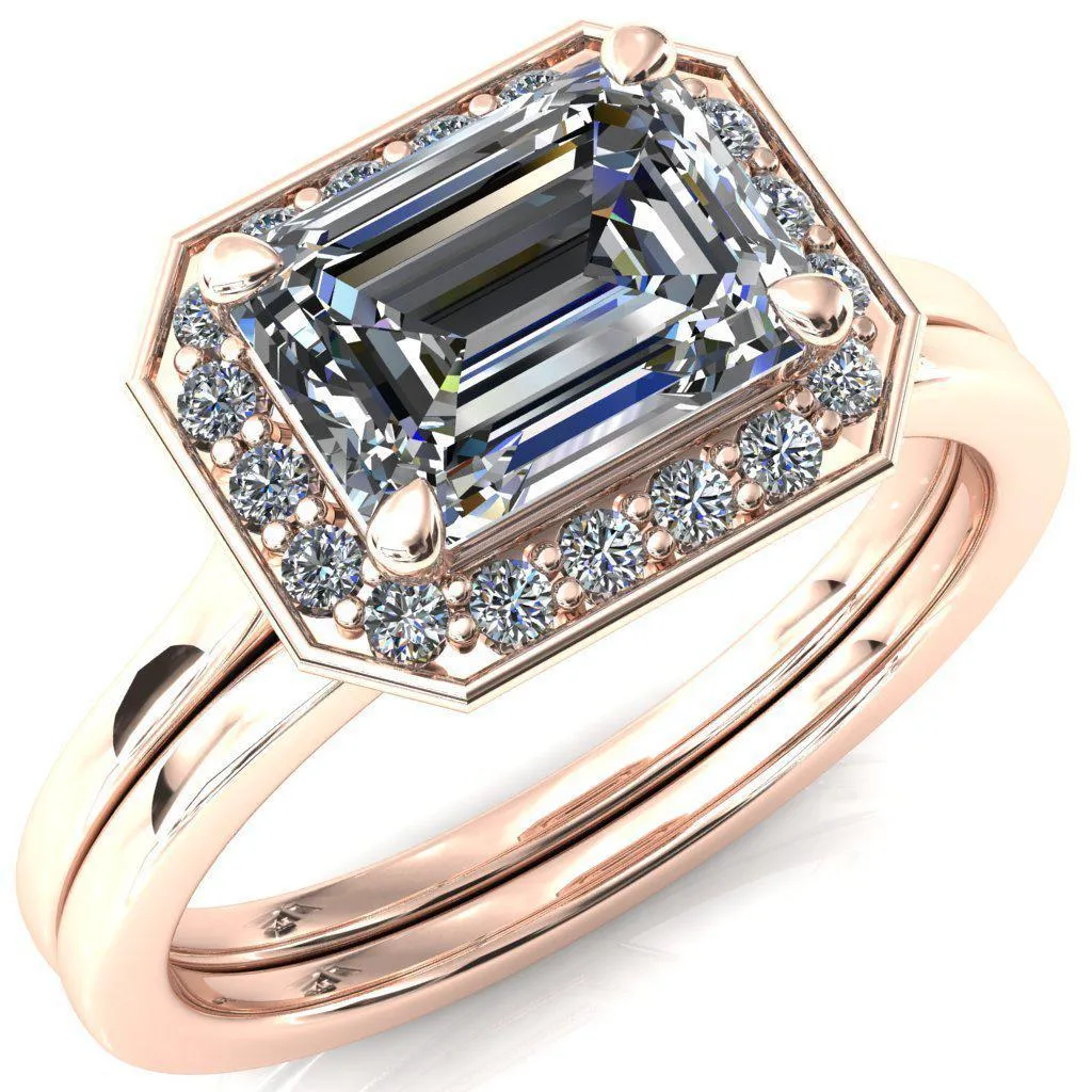 Holly Emerald Moissanite East-West 4 Prong Pinpoint Floating Halo Scalloped Cathedral Ring