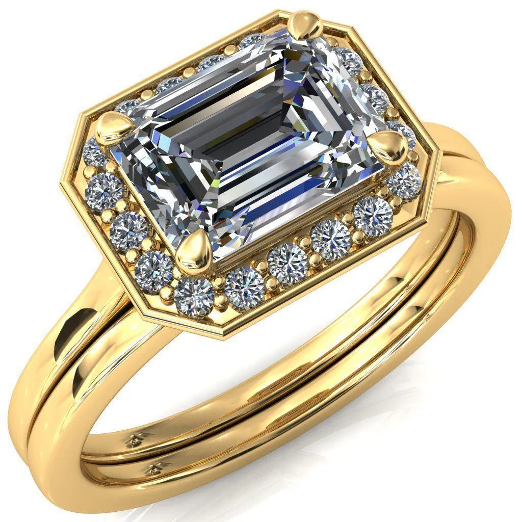 Holly Emerald Moissanite East-West 4 Prong Pinpoint Floating Halo Scalloped Cathedral Ring