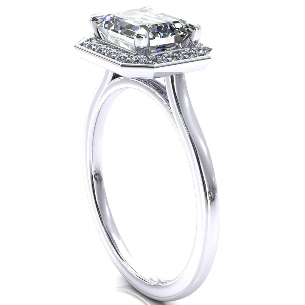 Holly Emerald Moissanite East-West 4 Prong Pinpoint Floating Halo Scalloped Cathedral Ring