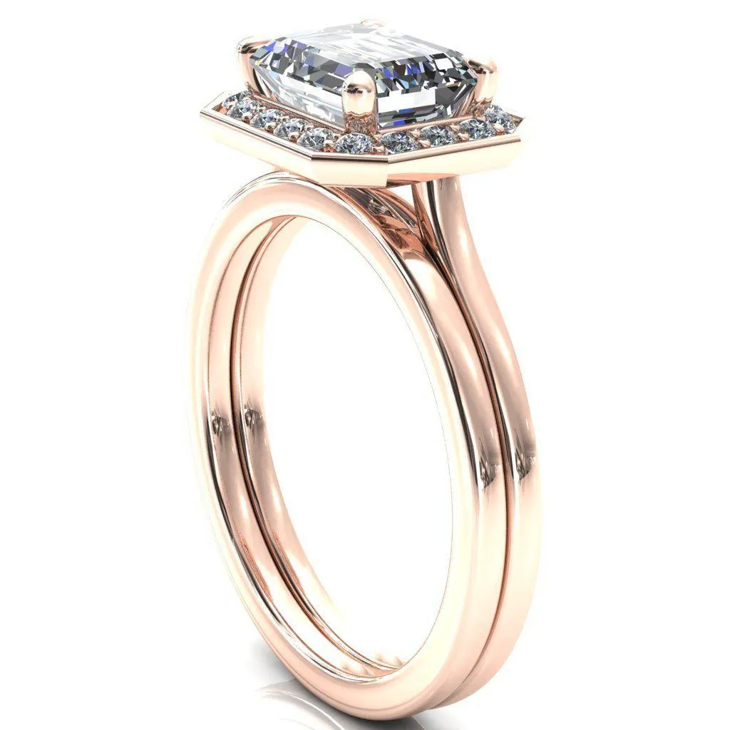 Holly Emerald Moissanite East-West 4 Prong Pinpoint Floating Halo Scalloped Cathedral Ring