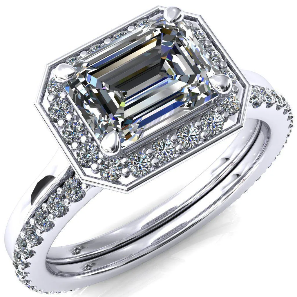 Holly Emerald Moissanite East-West 4 Prong Pinpoint Floating Halo Scalloped Cathedral Ring