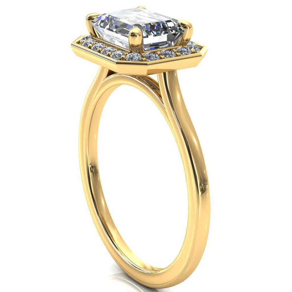 Holly Emerald Moissanite East-West 4 Prong Pinpoint Floating Halo Scalloped Cathedral Ring