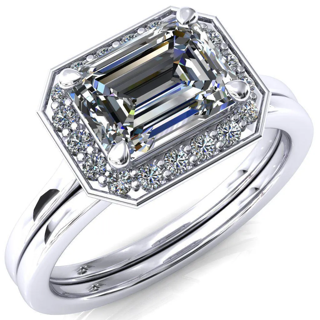 Holly Emerald Moissanite East-West 4 Prong Pinpoint Floating Halo Scalloped Cathedral Ring