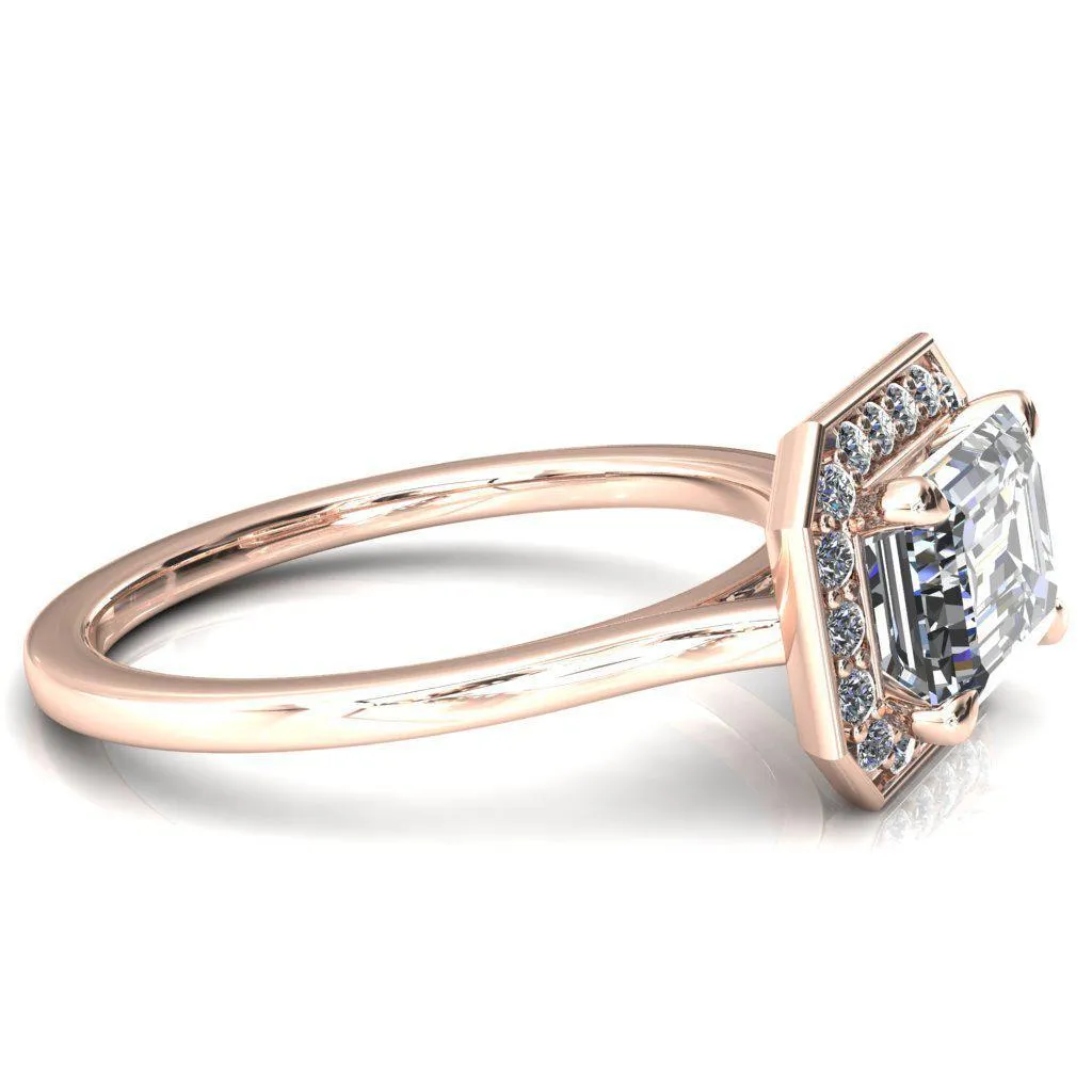 Holly Emerald Moissanite East-West 4 Prong Pinpoint Floating Halo Scalloped Cathedral Ring