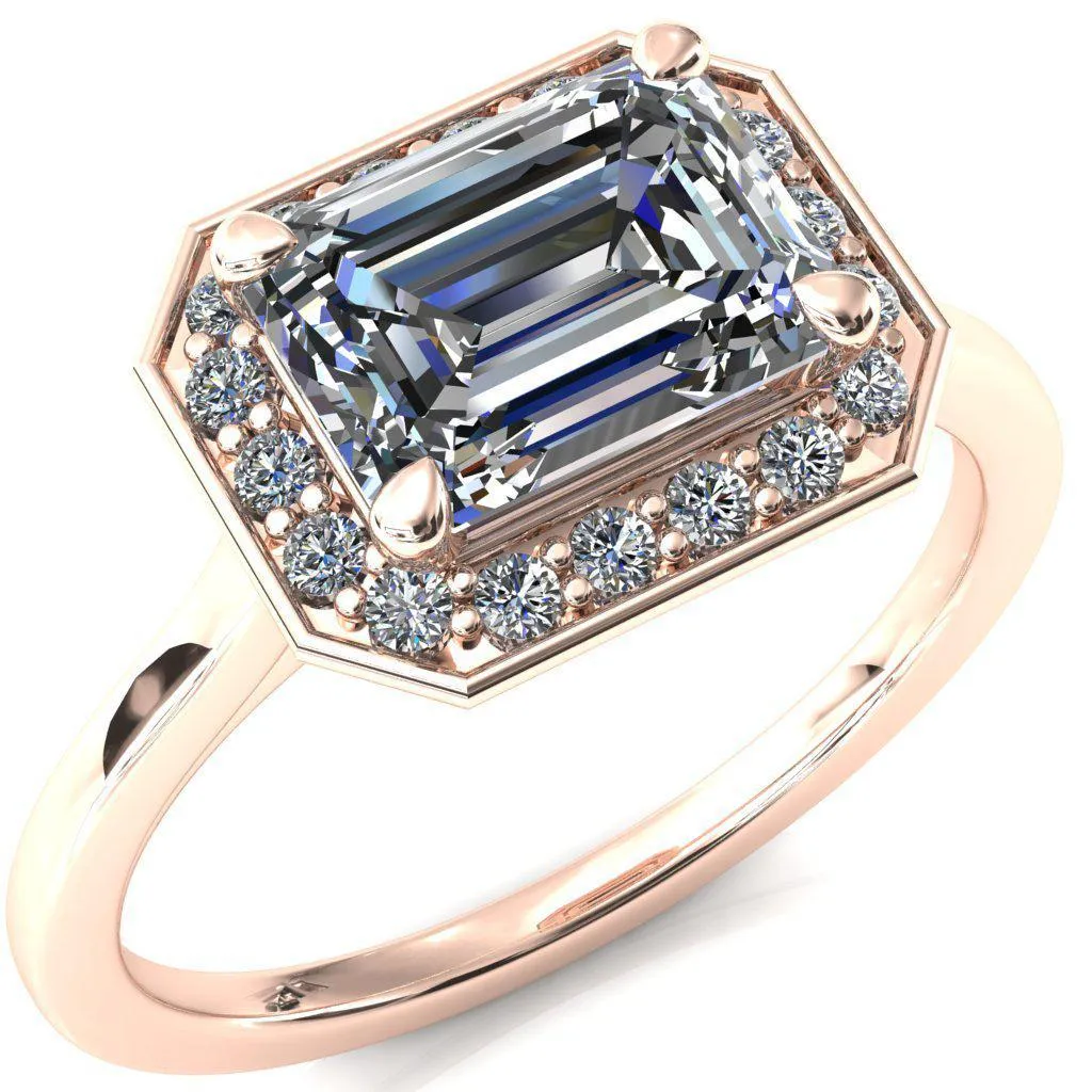 Holly Emerald Moissanite East-West 4 Prong Pinpoint Floating Halo Scalloped Cathedral Ring