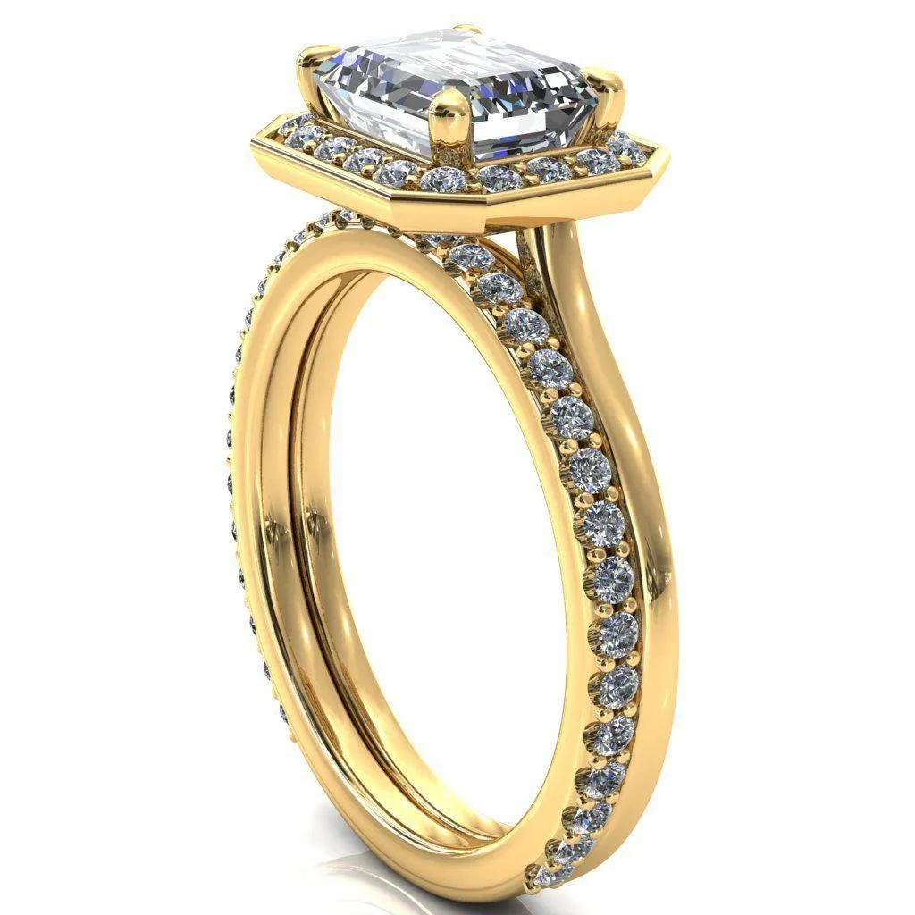 Holly Emerald Moissanite East-West 4 Prong Pinpoint Floating Halo Scalloped Cathedral Ring