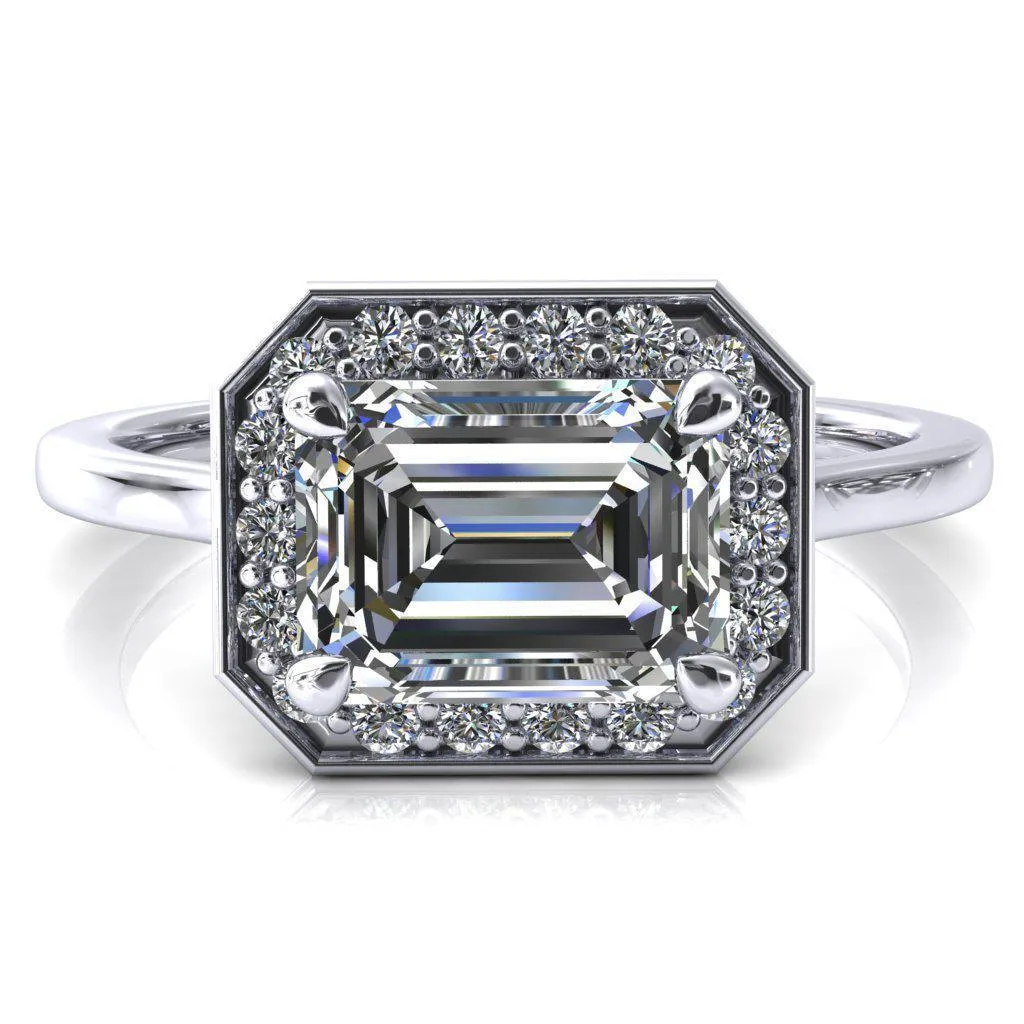 Holly Emerald Moissanite East-West 4 Prong Pinpoint Floating Halo Scalloped Cathedral Ring