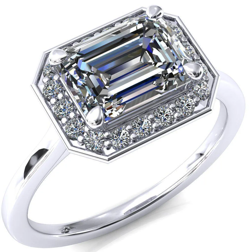 Holly Emerald Moissanite East-West 4 Prong Pinpoint Floating Halo Scalloped Cathedral Ring