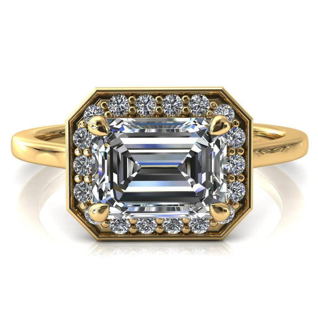 Holly Emerald Moissanite East-West 4 Prong Pinpoint Floating Halo Scalloped Cathedral Ring