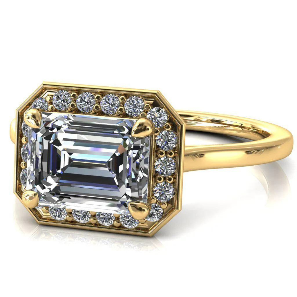 Holly Emerald Moissanite East-West 4 Prong Pinpoint Floating Halo Scalloped Cathedral Ring