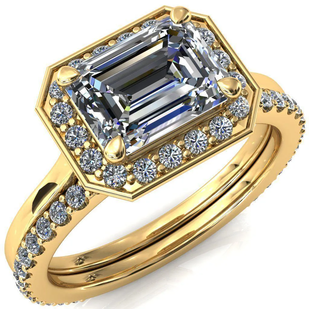 Holly Emerald Moissanite East-West 4 Prong Pinpoint Floating Halo Scalloped Cathedral Ring