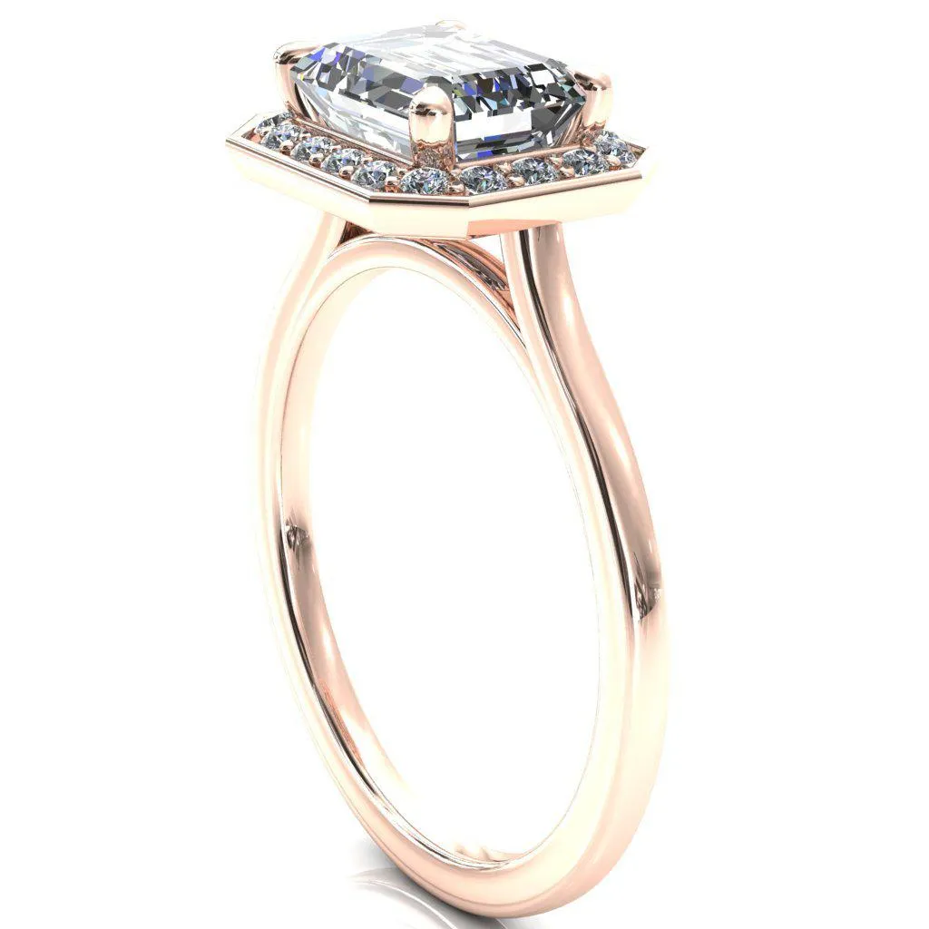 Holly Emerald Moissanite East-West 4 Prong Pinpoint Floating Halo Scalloped Cathedral Ring
