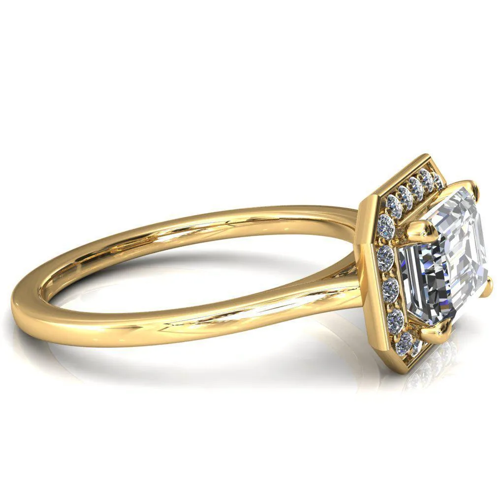 Holly Emerald Moissanite East-West 4 Prong Pinpoint Floating Halo Scalloped Cathedral Ring