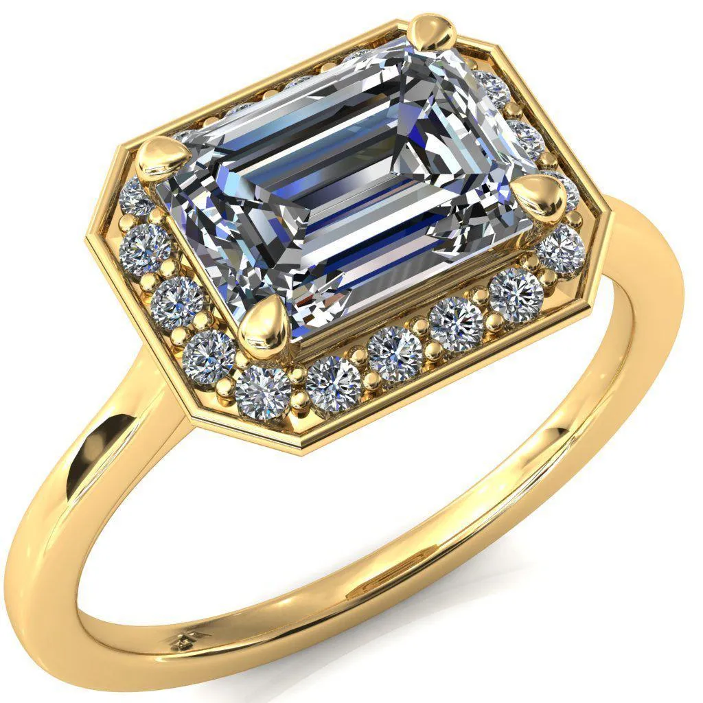 Holly Emerald Moissanite East-West 4 Prong Pinpoint Floating Halo Scalloped Cathedral Ring