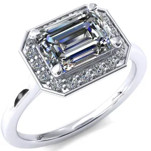 Holly Emerald Moissanite East-West 4 Prong Pinpoint Floating Halo Scalloped Cathedral Ring