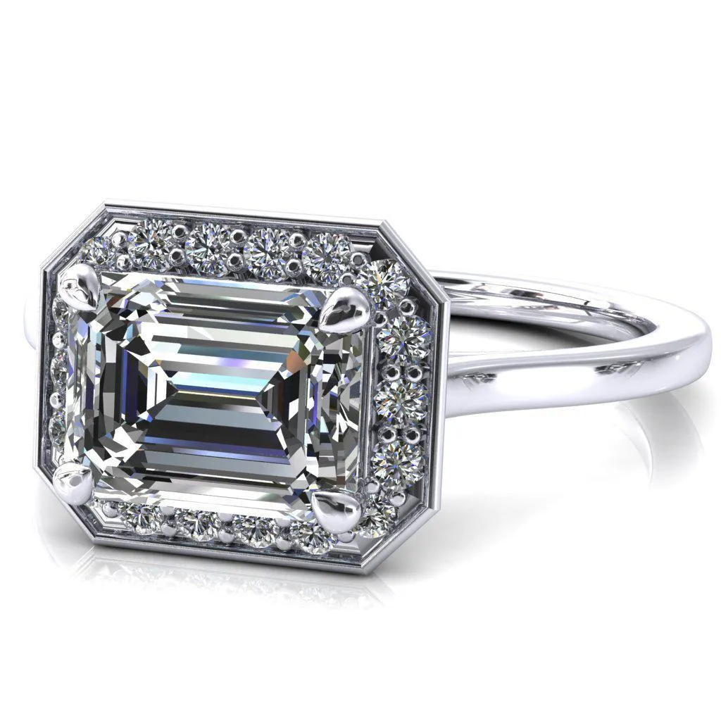 Holly Emerald Moissanite East-West 4 Prong Pinpoint Floating Halo Scalloped Cathedral Ring