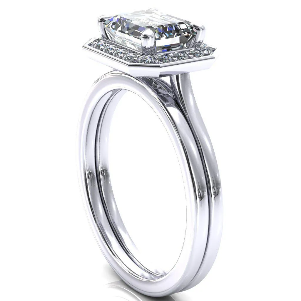 Holly Emerald Moissanite East-West 4 Prong Pinpoint Floating Halo Scalloped Cathedral Ring