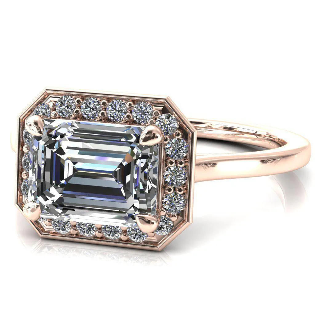Holly Emerald Moissanite East-West 4 Prong Pinpoint Floating Halo Scalloped Cathedral Ring