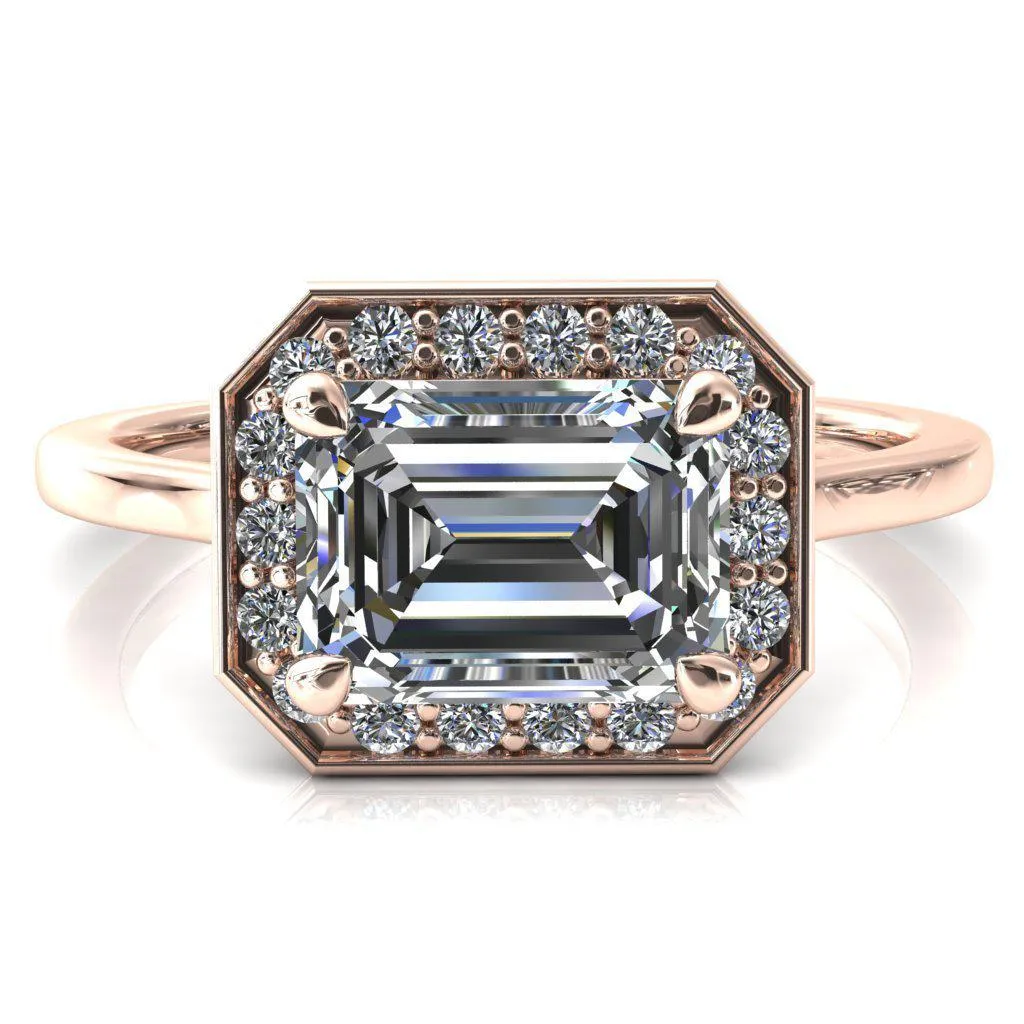 Holly Emerald Moissanite East-West 4 Prong Pinpoint Floating Halo Scalloped Cathedral Ring