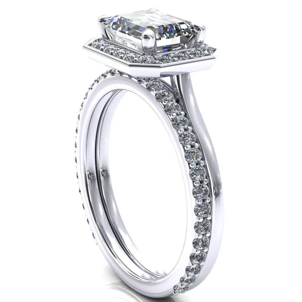 Holly Emerald Moissanite East-West 4 Prong Pinpoint Floating Halo Scalloped Cathedral Ring