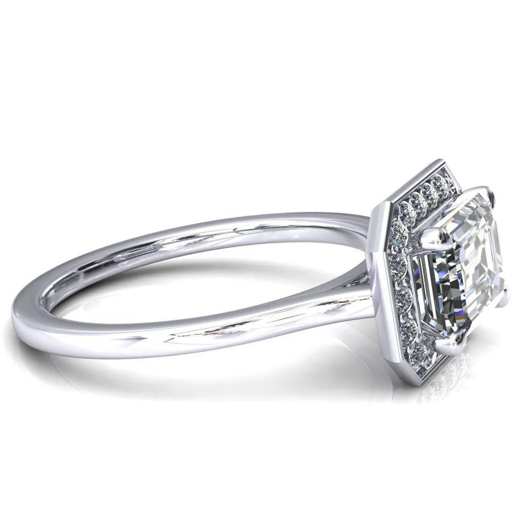 Holly Emerald Moissanite East-West 4 Prong Pinpoint Floating Halo Scalloped Cathedral Ring
