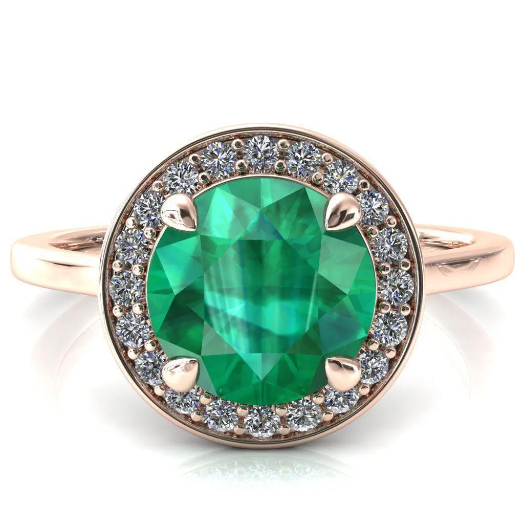 Holly Round Emerald 4 Prong Pinpoint Floating Halo Scalloped Cathedral Ring