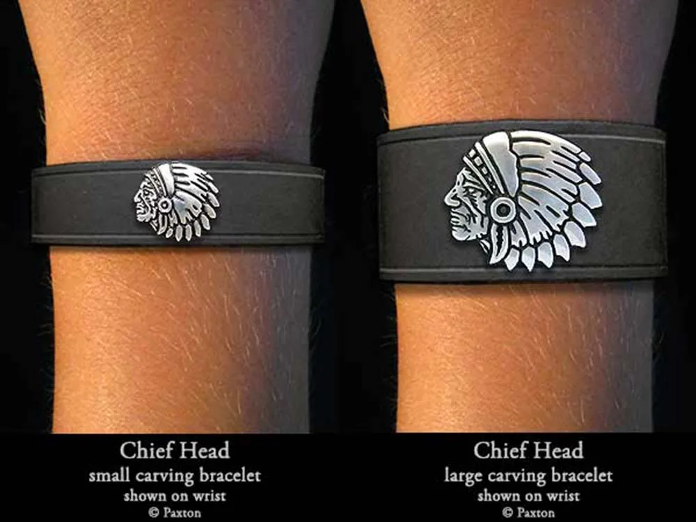 Indian Chief Head Bracelet Sterling Silver on Genuine Leather