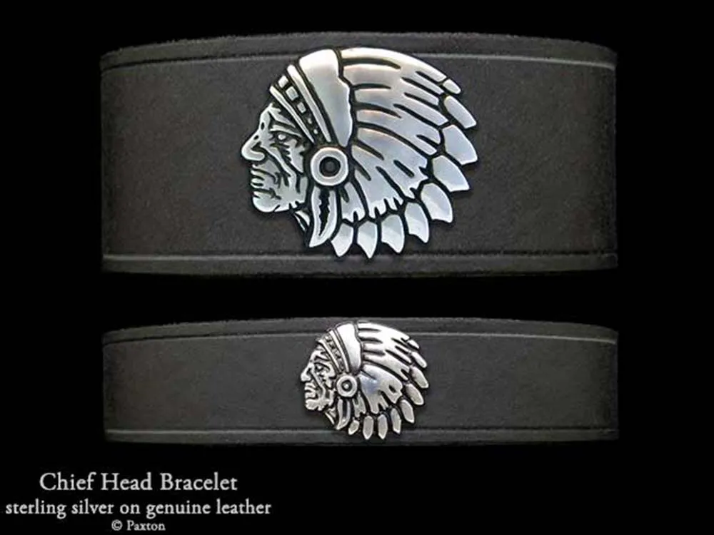 Indian Chief Head Bracelet Sterling Silver on Genuine Leather