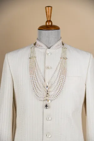 Ivory Six Layered Gold Beaded Crystal Drop Mala
