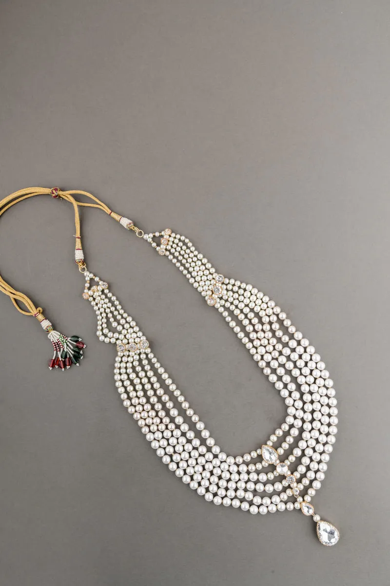 Ivory Six Layered Gold Beaded Crystal Drop Mala