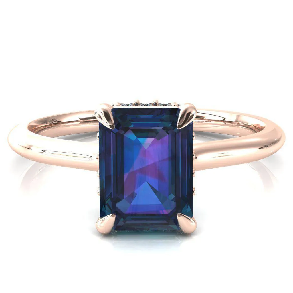 Janey Emerald Alexandrite 4 Prongs Claw Floating Halo Inverted Cathedral Ring